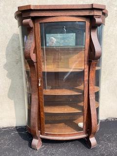 Oak Victorian Scroll Front China Closet: Bow glass front and sides, with scroll design fascia and foot.