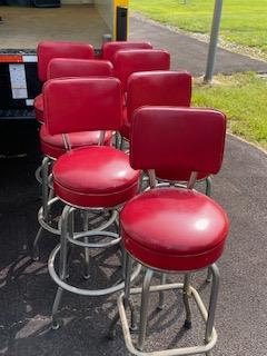 Set of Chrome and Red Barstools: Set of (6) chrome and red barstools. Lot also includes post center frame and square base barstool. Produced by Moreland and Dolton, Summerdale, NJ; set needs to be cleaned
