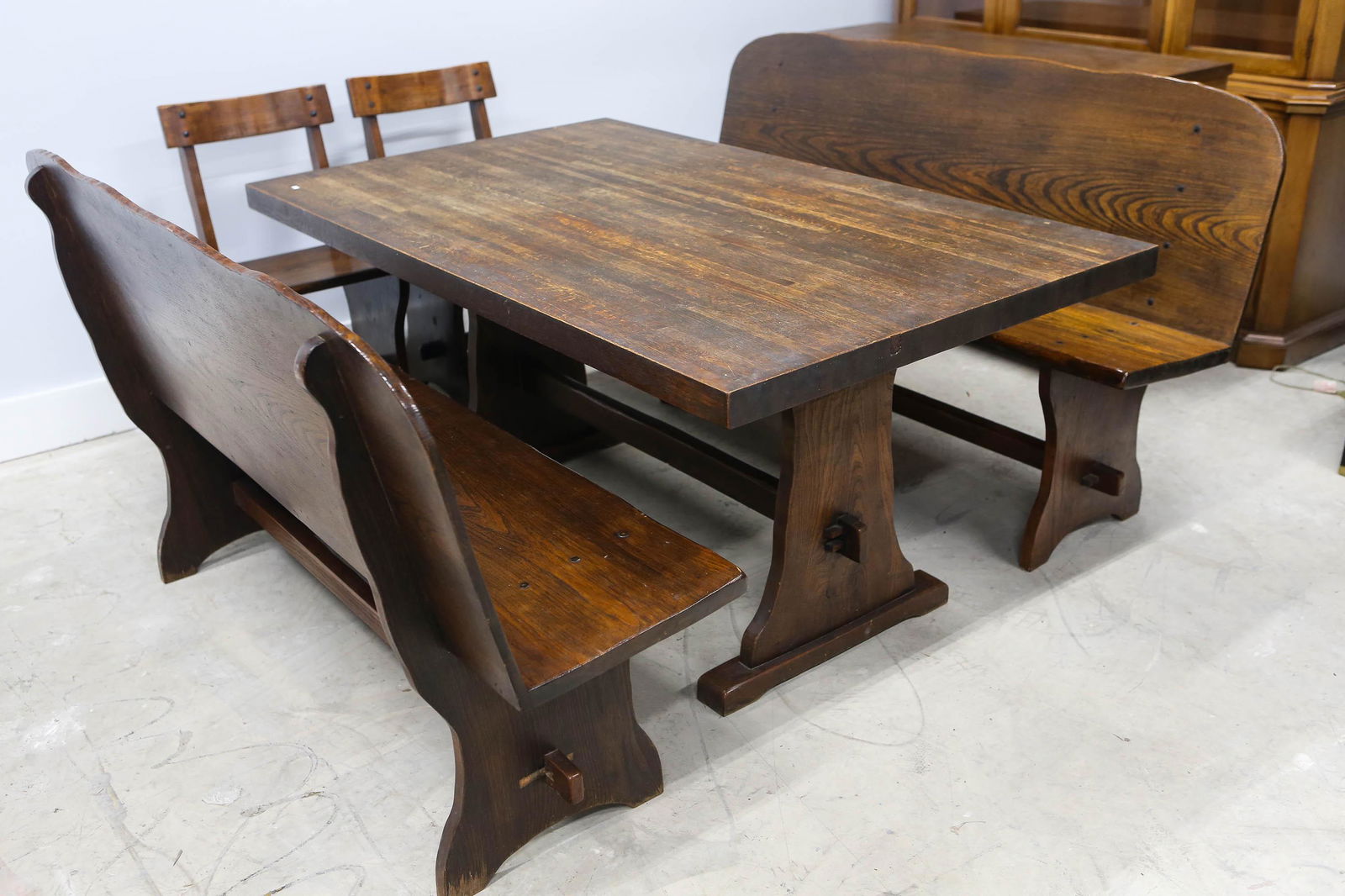 Arts and Crafts Dining Room Set: Table measures approximately 28"H x 60"W x 36"D . Butcher block top and mortise and tendon construction. includes two matching benches and two matching chairs.