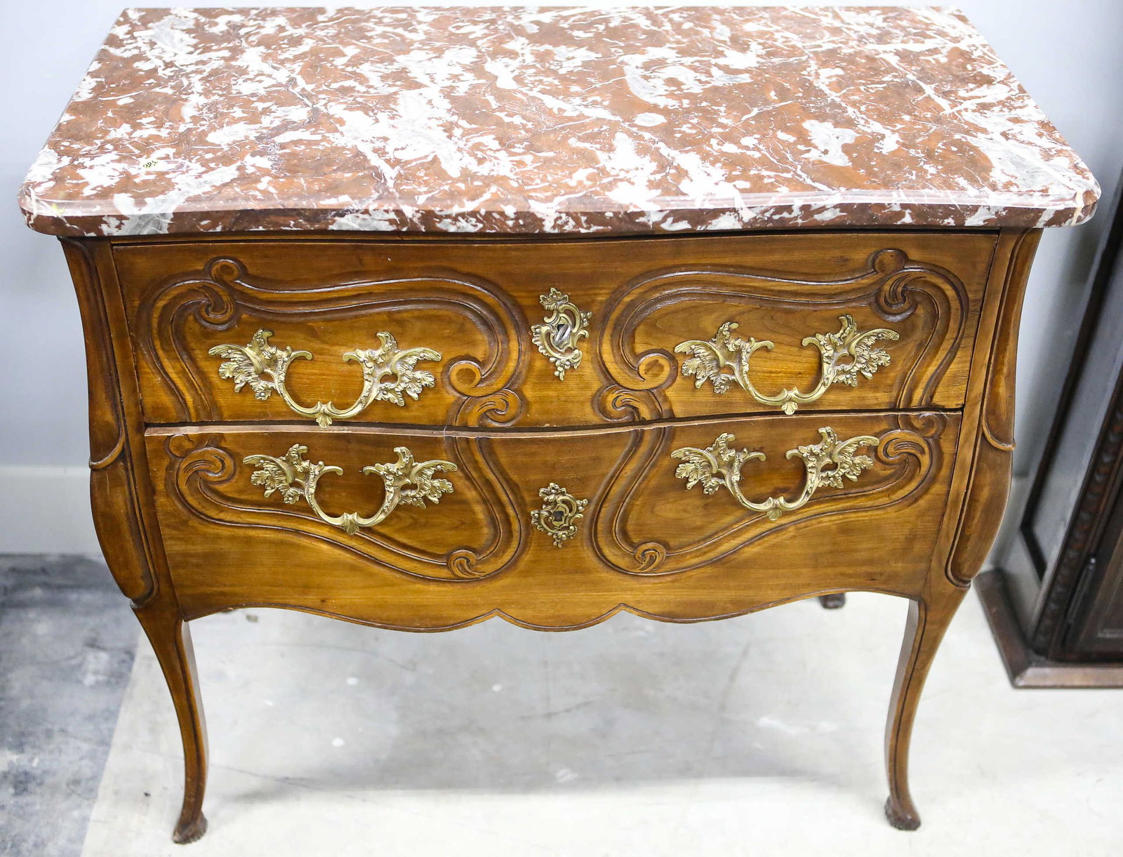 French Style Bow Front Marble Top Chest: Chest measures approximately 33.5"H x 34.5"W x 17"D. Mottled brown marble top. Bow front style, not flat.