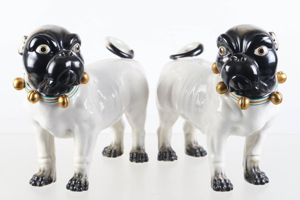 Pair of Mottahedeh Pug Dogs: Each measures approximately 9.5"H x 11.5" long. Dogs are hand painted and retain paper labels.
