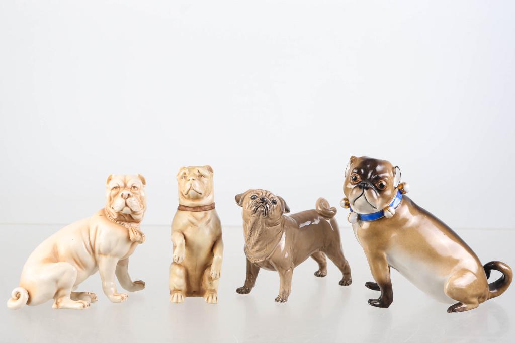 Pug and Other Dog Figures: includes a Meissen style pug dog (5"H), with small scuff to brow; a "Charm of Creamware" figure, a begging dog (numbered bottom), and a dog with raised R mark and restored leg.