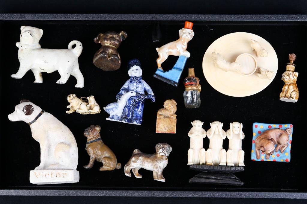 Collection of Miniature Animal Figures: includes The Three Monkeys, Victor Victrola dog, Iron Fido, Foo dog ink stamp, carved cats, Dog Nutske, and many others.
