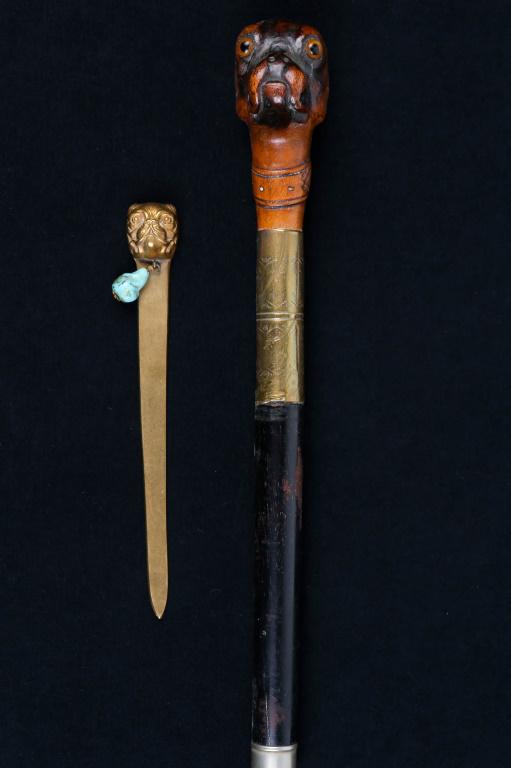 Pug Bookmark and Cane Topper: includes brass bookmark with turquoise chunk, and a carved cane topper with glass eyes.