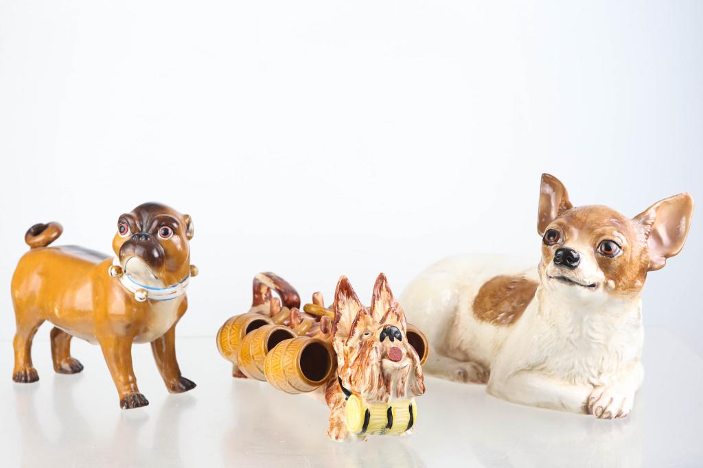 Mixed Dog Figures: includes a Rat Terrier (13"L), a Japanese shot mug holder with chip to one mug, and a Meissen style pug missing one collar bell.