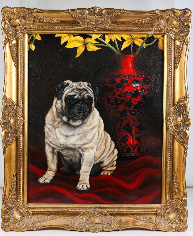Oil on Canvas of a Pug By Patty Warwick Neale: Exposed area measures approximately 20"H x 16"W. Painting is well executed and it is signed and dated 1989 lower right. Professionally framed.