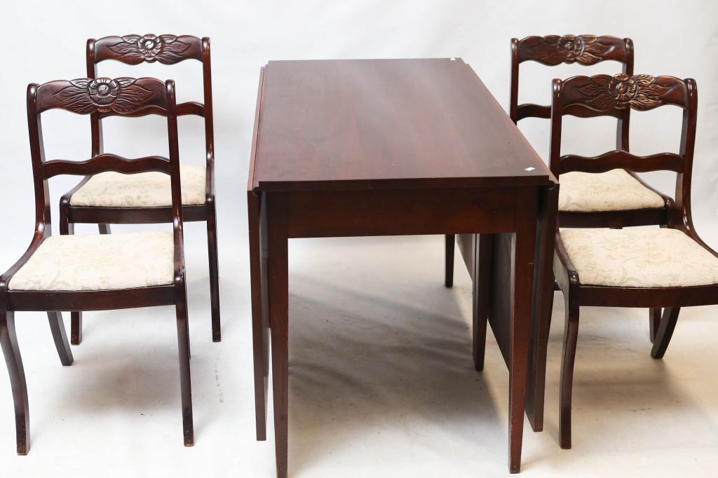Mahogany Dining Table and Victorian Chairs: Table approximately 30"H x 26"W (closed) 68" (open) x 47"L. Mahogany construction with tapered legs. Comes with (4) Victorian chairs.
