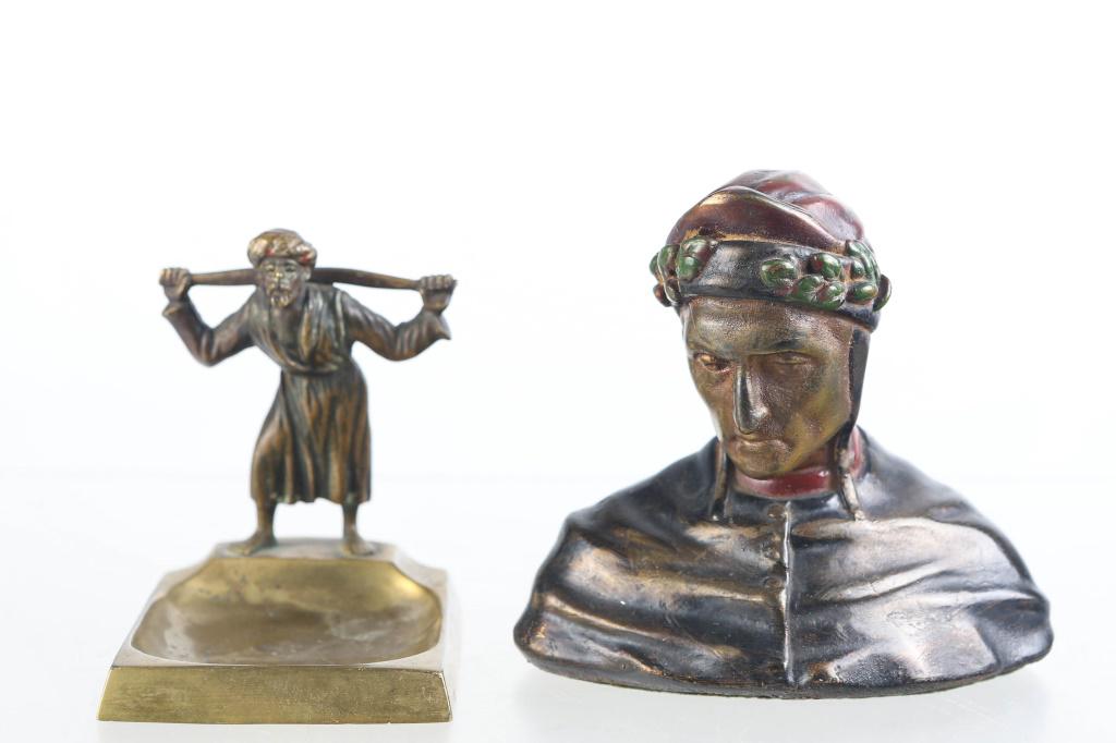 Armor Bronze Bust of Dante and Brass Figure: Bust approximately 5.5"H. Hand painted Armor Bronze. Retains original tag. Lot also includes a brass figural carved tray.