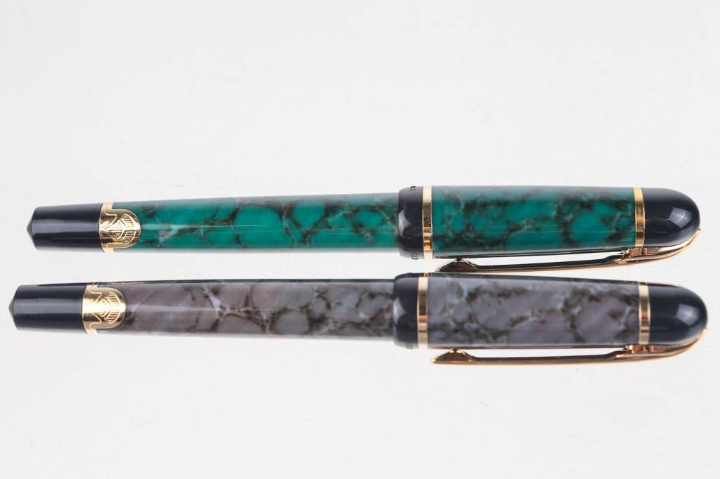 Waterman Pens (2): Two French Waterman pens, one is "marble-gray" and one is "marble-green". The gray Waterman pen has a medium point, green is fine point.