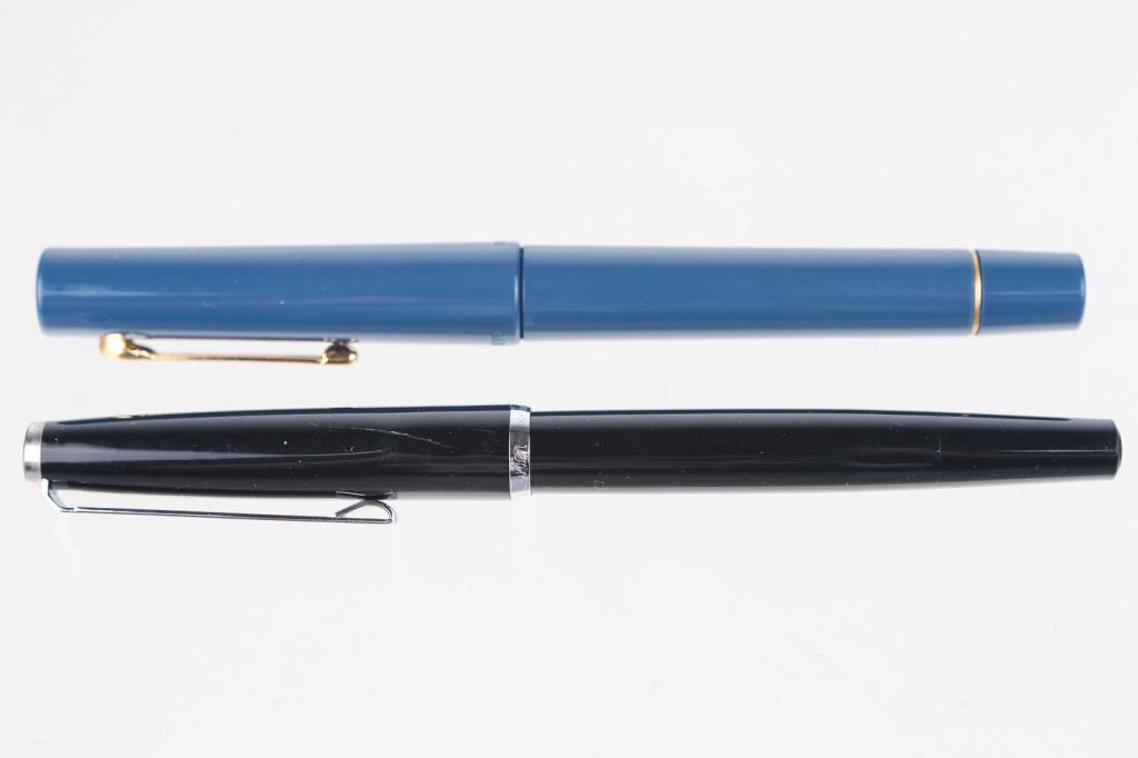 Omas Tokyo Mont Blanc Fountain Pens (2): ?Omas Tokyo? Italian style blue pen, along with black silver lined German Montblanc 620 Junior German fountain pen.
