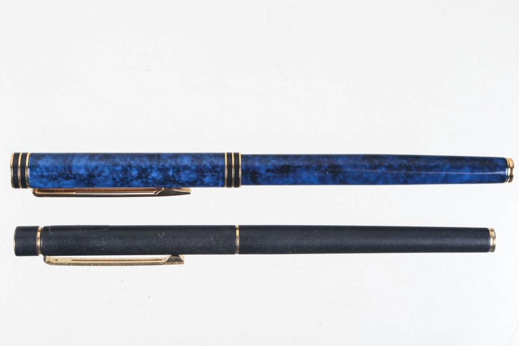 Waterman 18K Nib & Sheaffer 14K Nib Fountain Pens: Waterman has mottled blue body with gold tone mounts (nib reads Waterman Ideal Paris 18K -750. Pen snaps together and is complete). Sheaffer is Black Streamlined fountain pen with gold tone mounts (ni