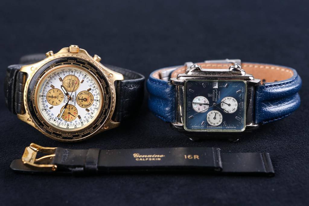 Pulsar and Festina Mens Wristwatches: Pulsar Quartz Alarm Chronograph with various world cities in surround, with Japan movements. Back reads "Water Resistant 10BAR Base Metal Bezel Stainless Steel back Serial No. 272813. Lot also include