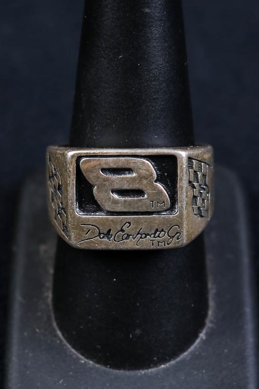Dale Earnhardt Sterling Ring: Sterling silver #8 Dale Earnhardt ring with checkered race flags on both sides of size 9 ring. Box in ultra suede included.