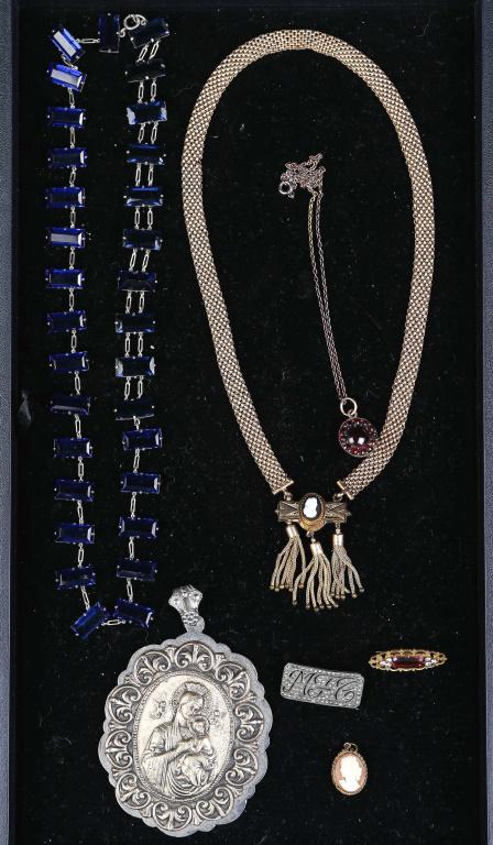 Victorian and Art Deco Jewelry: includes gold fill tassel necklace, Art Deco blue glass necklace, Russian signed icon pendant, bohemian garnet pendant necklace, cameo, and pins.