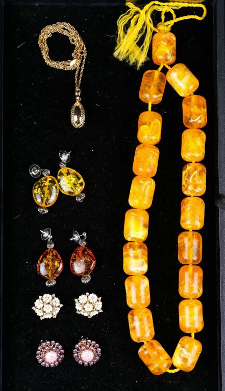 Signed Jewelry and More: includes Weiss purple rhinestone clip earrings, Sharel daisy clips, Joan Rivers egg necklace, and amber style necklace and earrings.