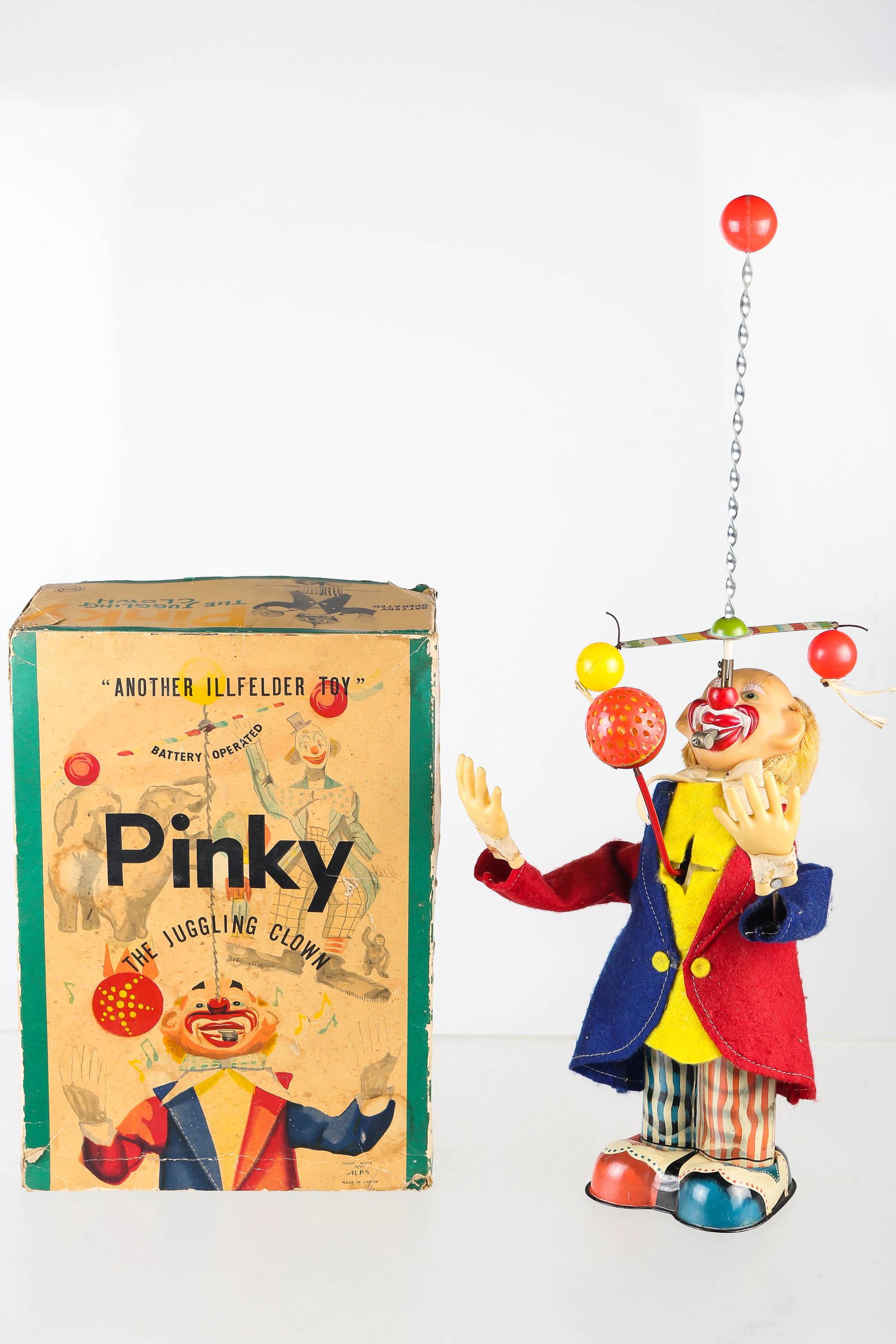 Pinky the Juggling Clown, Bat. Op.: Figure measures 19" high, made in Japan circa 1950's, has tin litho legs and rubber head and hands. Some signs of use throughout the toy. Box has some wear. Toy works.