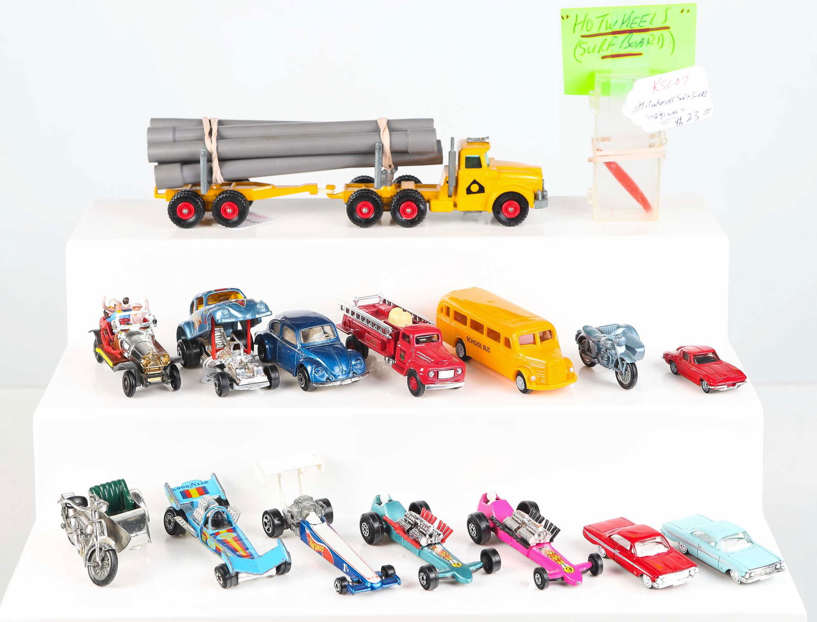 Matchbox Cars & Others: Lot includes matchbox motorcycle and side car, Lesney motorcycle and side car, Beetle Streaker, 2 superfast drag cars (one in pink), hot wheels drag car, Scammell truck, Chitty chitty bang bang car, a