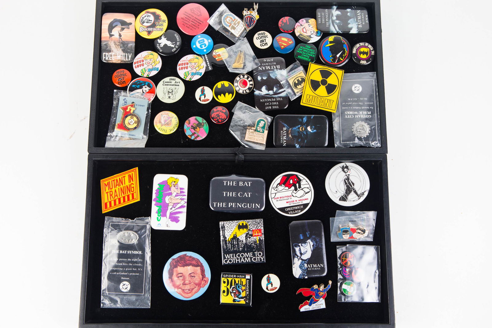 Large Grouping of Pin Backs: Lot includes Batman, Superman, Alfred E Newman, Katy Ken, and others. All are contemporary