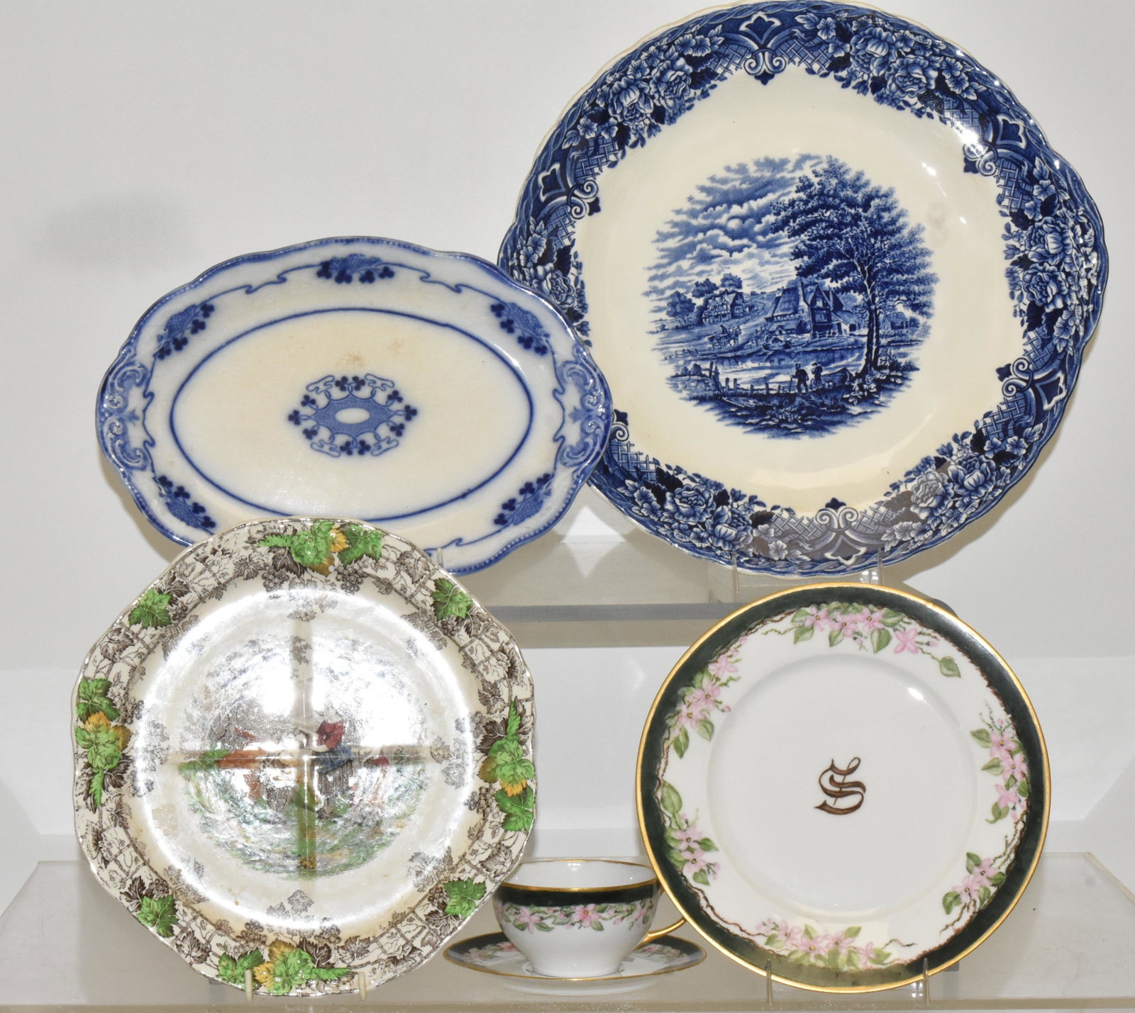 Spode Divided Child's Dish and China: Lot includes a multicolor transferware divided dish with an outdoor scene and mother and child (10" diameter, marked Copeland. Spode. England. Spode Byron), a Grendey Staffordshire blue transferware p