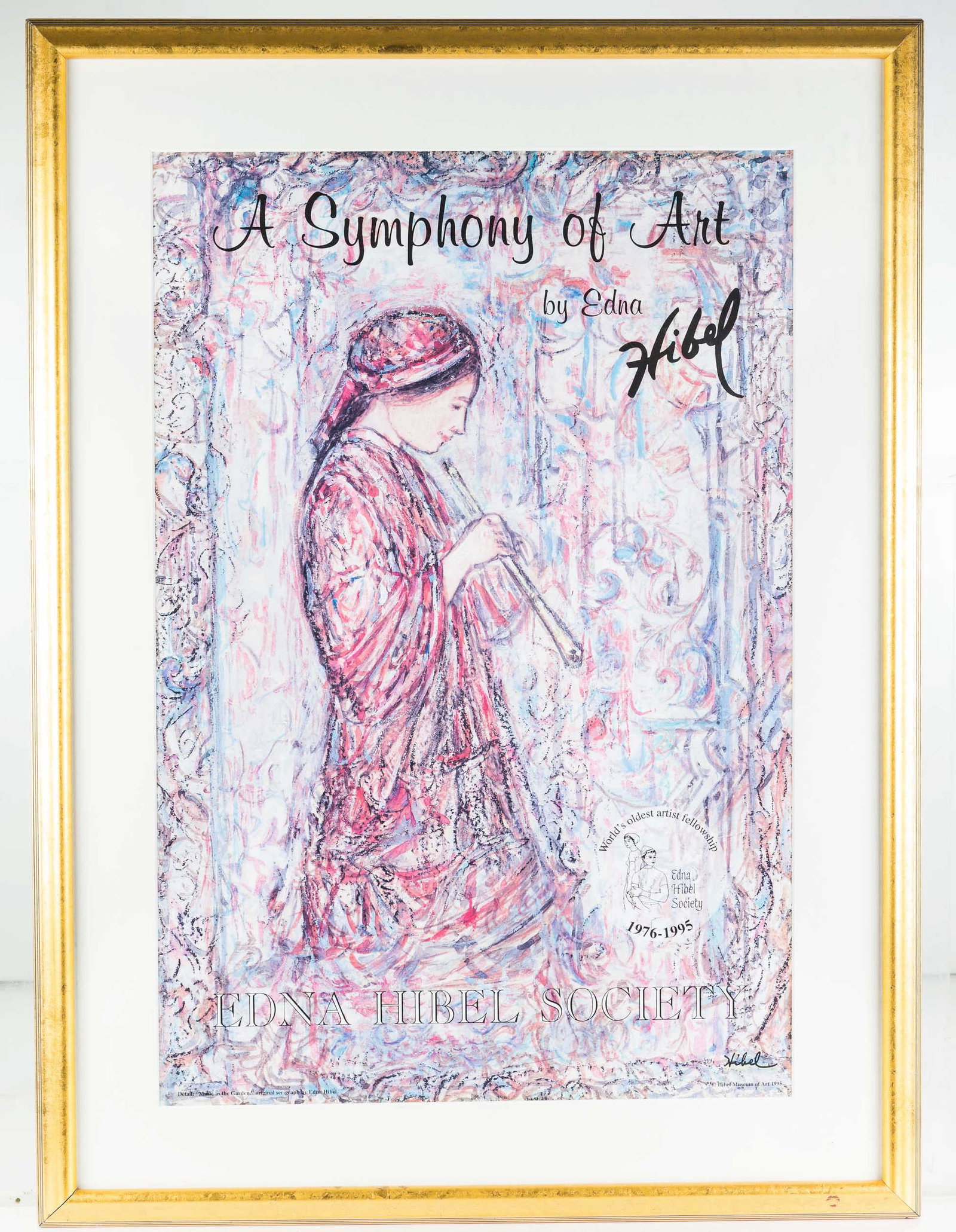 Edna Hibel Certified Print A Symphony of Art: Exposed area approximately 23"H x 15.25"W. Professionally framed. Dated 1995. From Edna Hibel Society. Marked Hibel in plate. Original hang tag on back. Framed.
