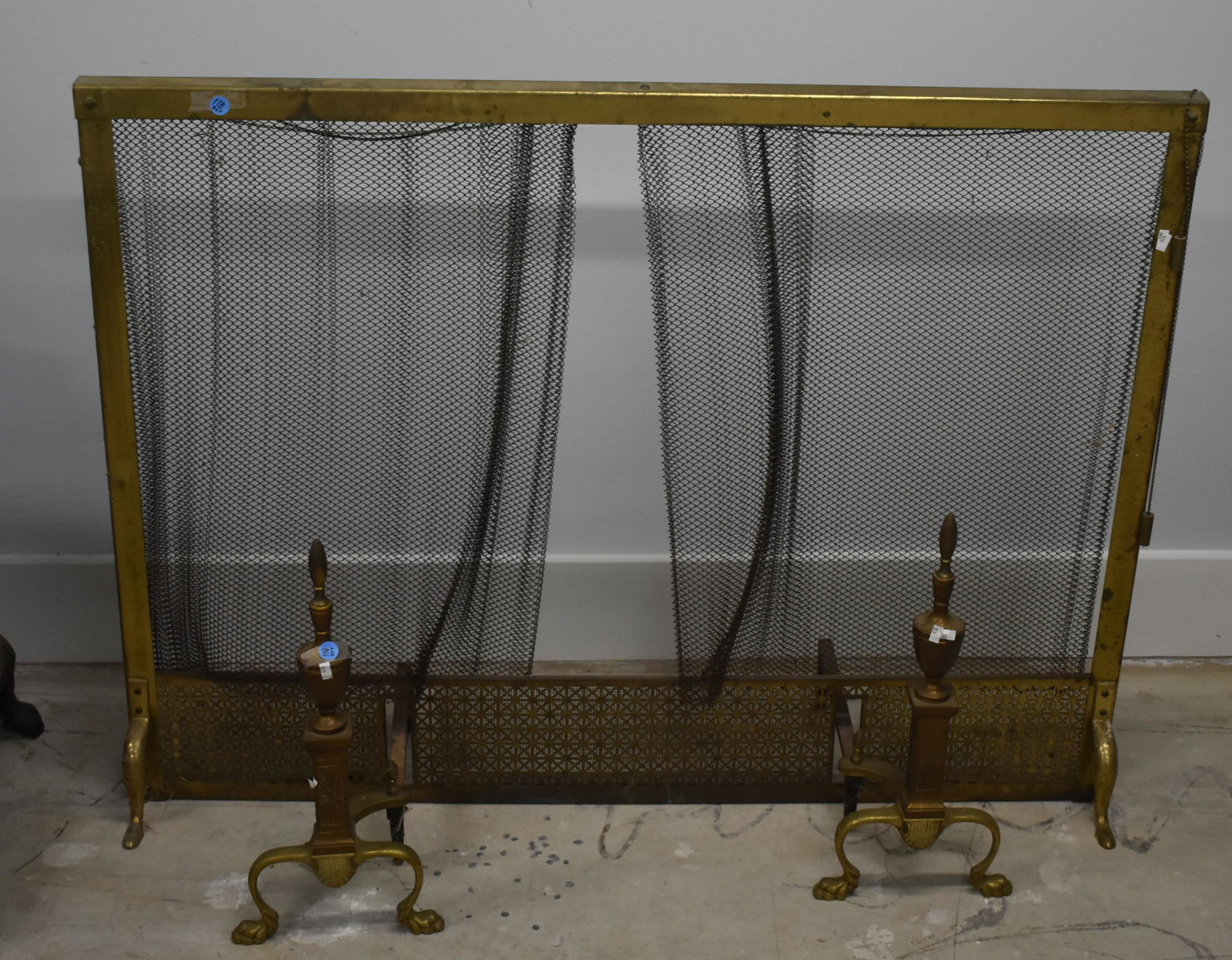 Fireplace Accessories: Lot includes andirons, screen and tools.