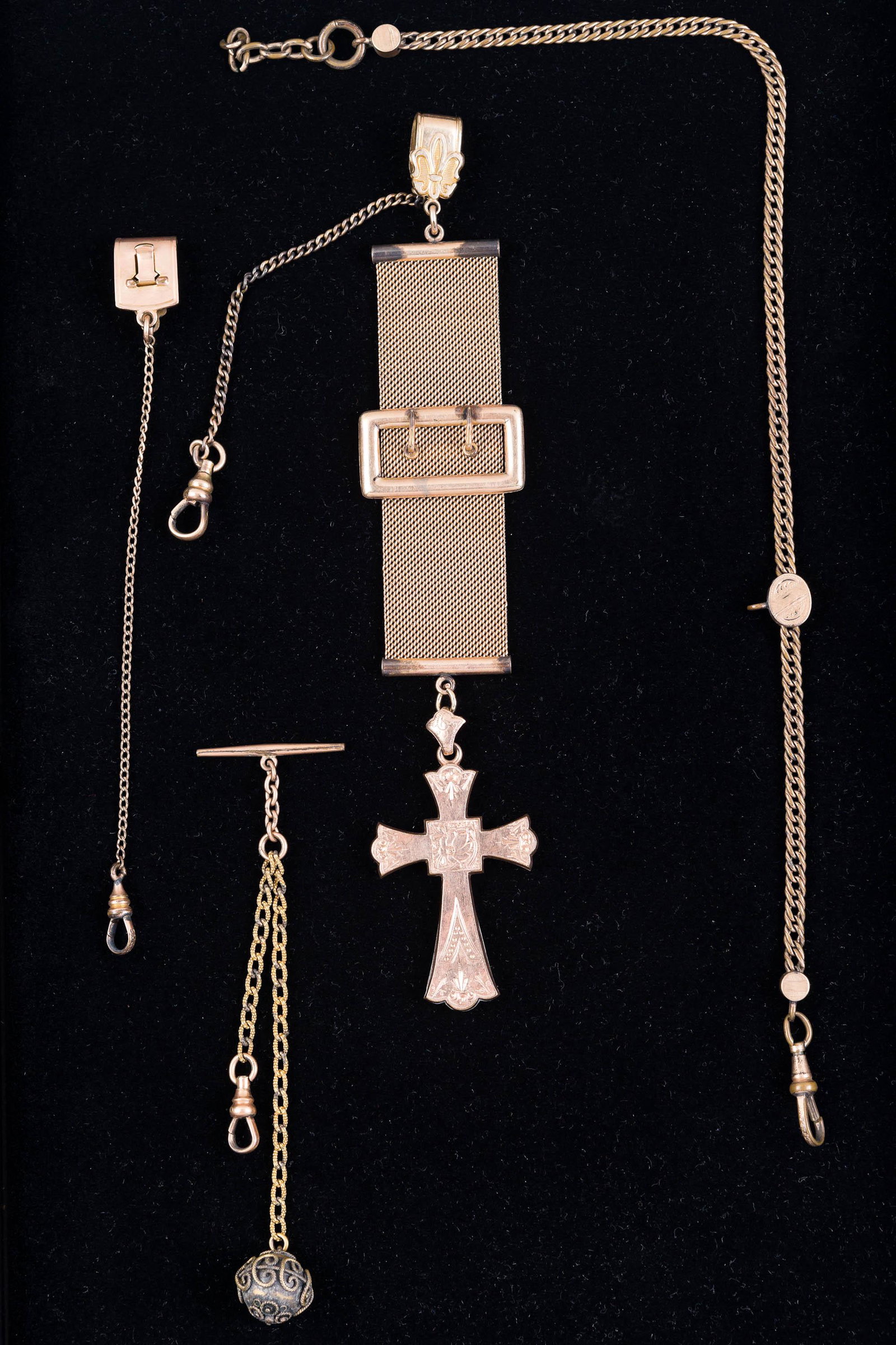 Victorian Watch Fobs: Four quality Victorian watch fobs. One with cross and buckle.