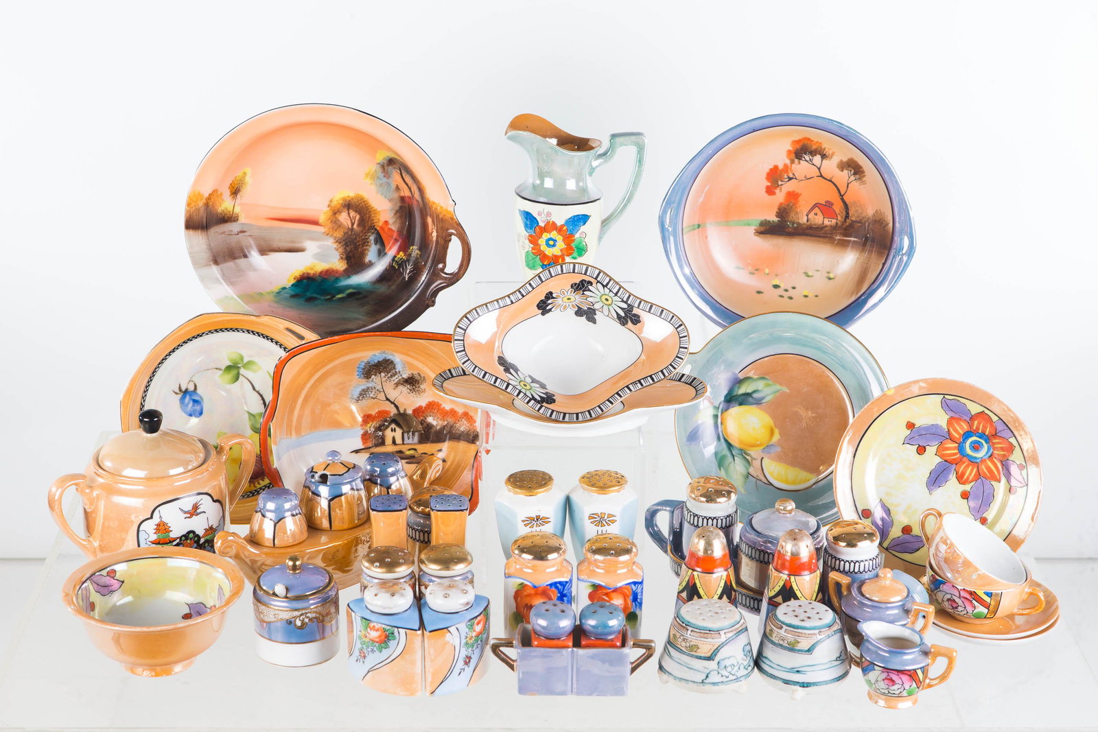 Mixed Japanese China: Lot includes handpainted Noritake one-handle bowl, other small Noritake items, salt and peppers, condiment jars, and other pieces.
