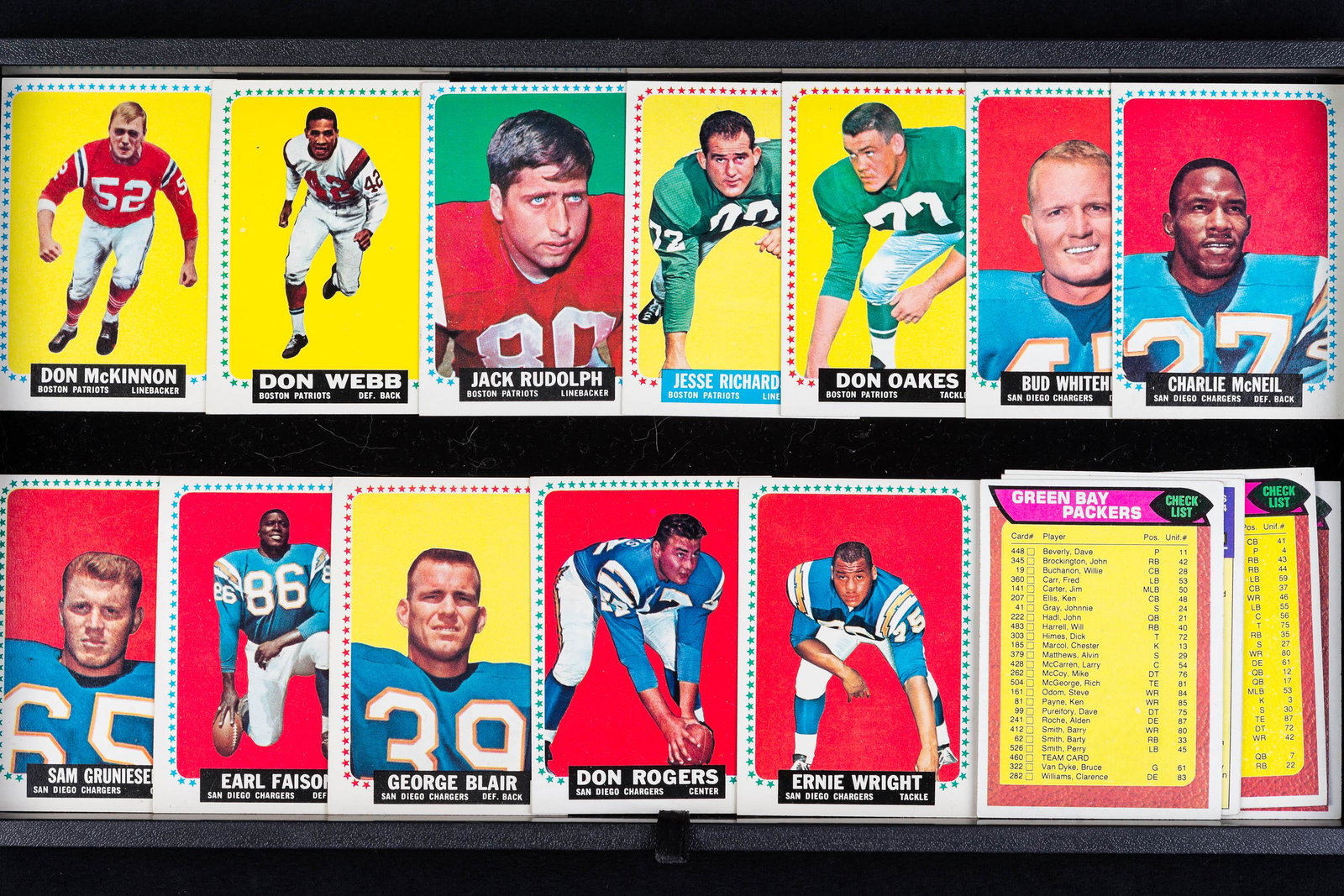 Vintage Football Cards and Checklists: Lot includes 6 checklist cards (3 are marked). Cards include Charlie McNeil, Ernie Wright, George Blair, Don Webb, and others. All have good corners and are extra clean.