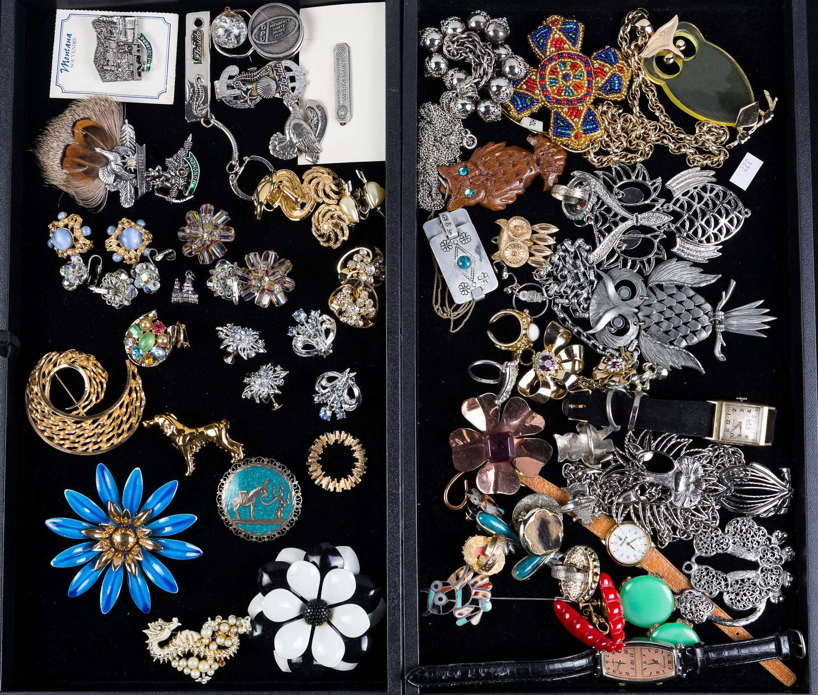 Costume Jewelry and Watches: Lot includes vintage ladies' Wyler Incaflex watch marked Swiss, a ladies' double face watch marked Milan, a reproduction Rolex, owl jewelry, and a grouping of earrings and brooches, including a Mexica