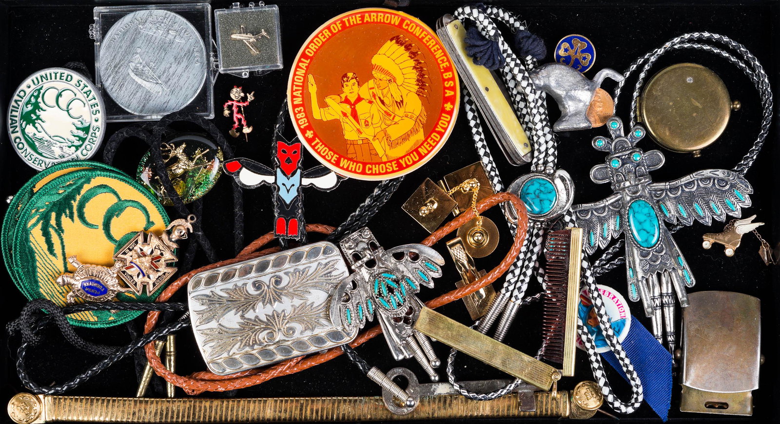 Bolos, Buckles, and more: Native American Indian themed bolos, GF fold out comb, buckles and patches, and other vintage items