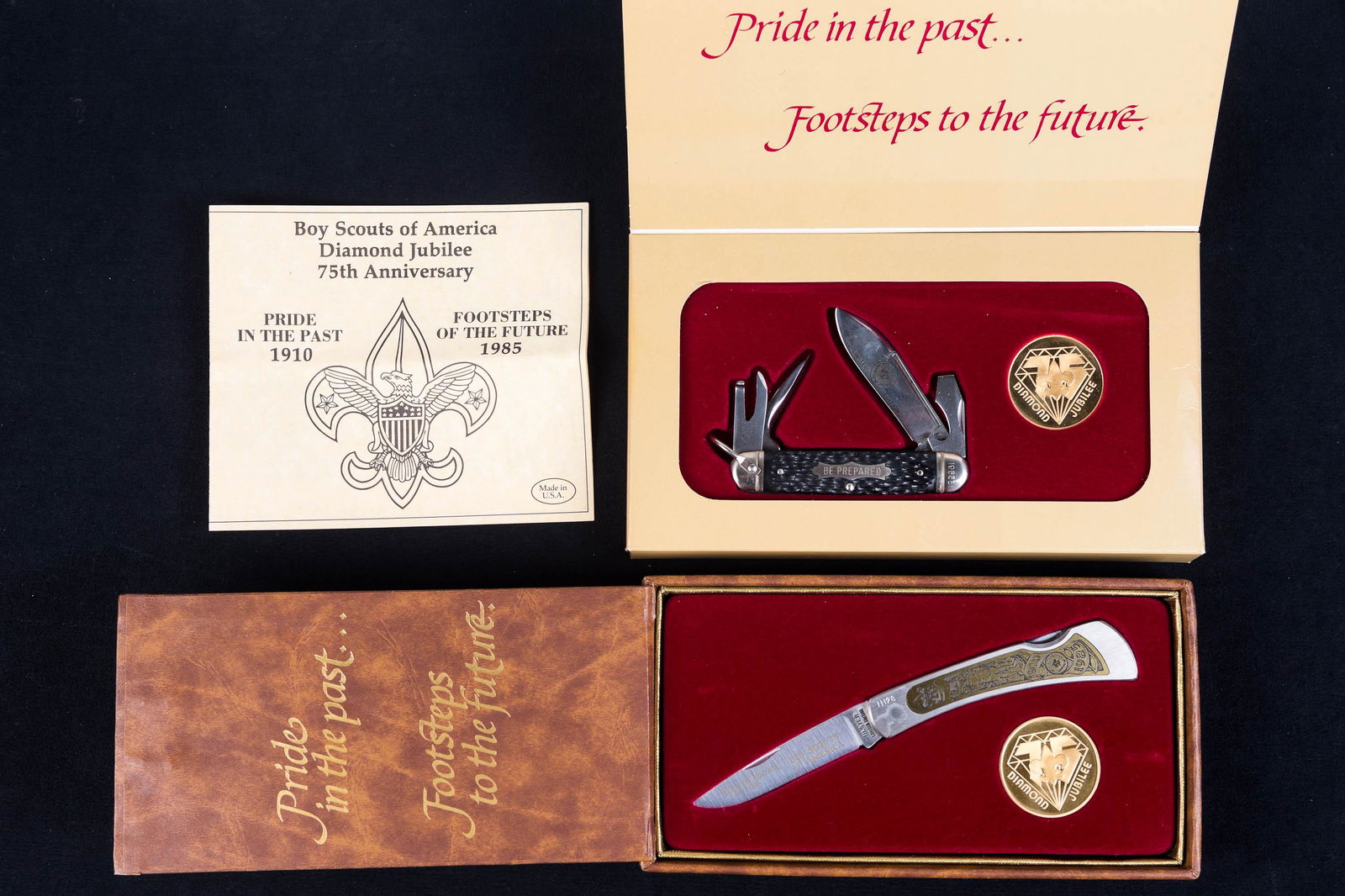 Two Diamond Jubilee 75th Anniversary Pocket Knives: Knives are in cases, both include a token and are limited edition. One knife includes tools within the pocket knife, while the other does not but has "boyscouts of America" engraved into blade.