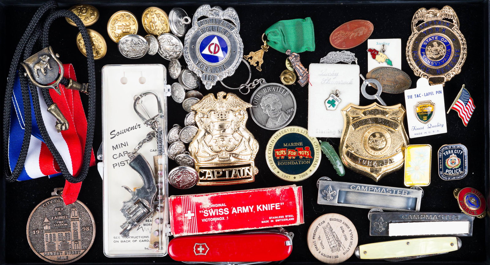 York PA Police Badges and Buttons: Includes sovenir cap toy, swiss army knife, another knife, various pins and more.