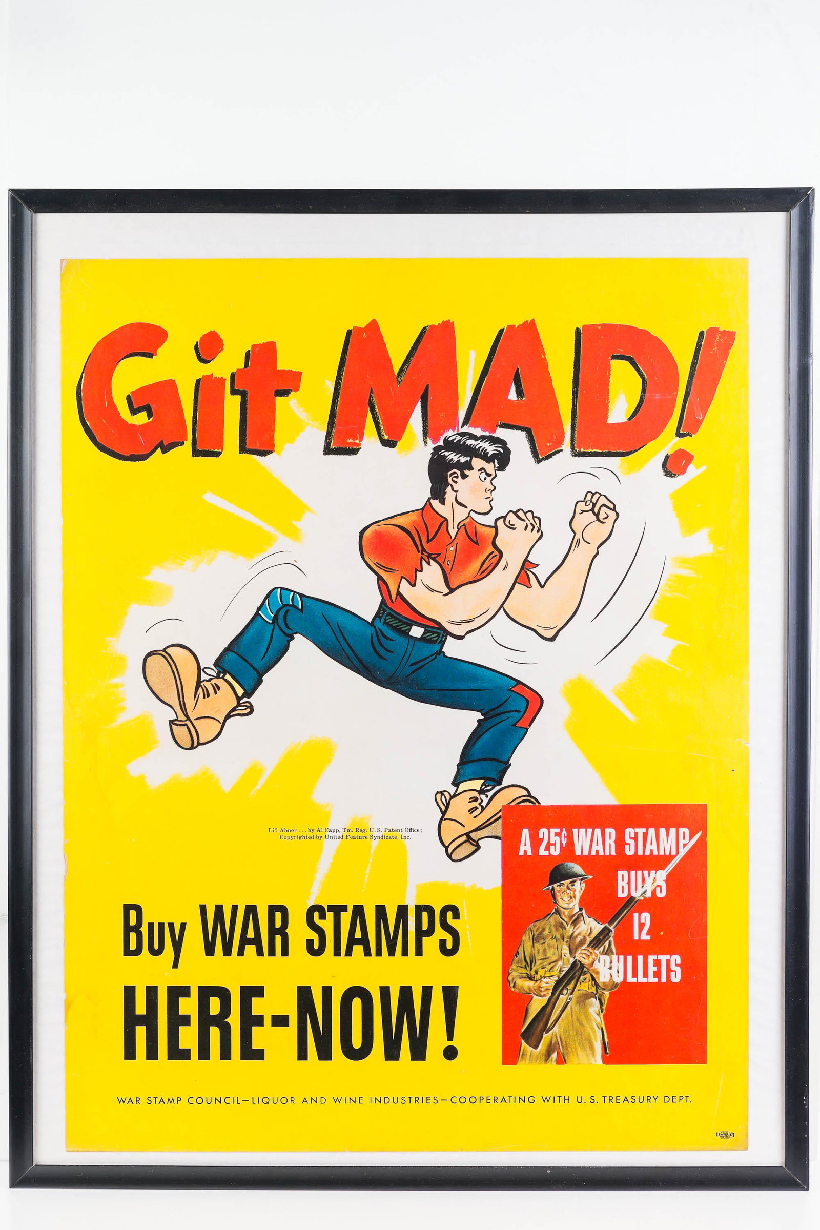 Lil' Abner Buy War Stamps Poster (ca. 1944): Approximately 18"H x 13.75"W. Professionally framed. Vague water staining on right and left. Good color. Union label in bottom right corner