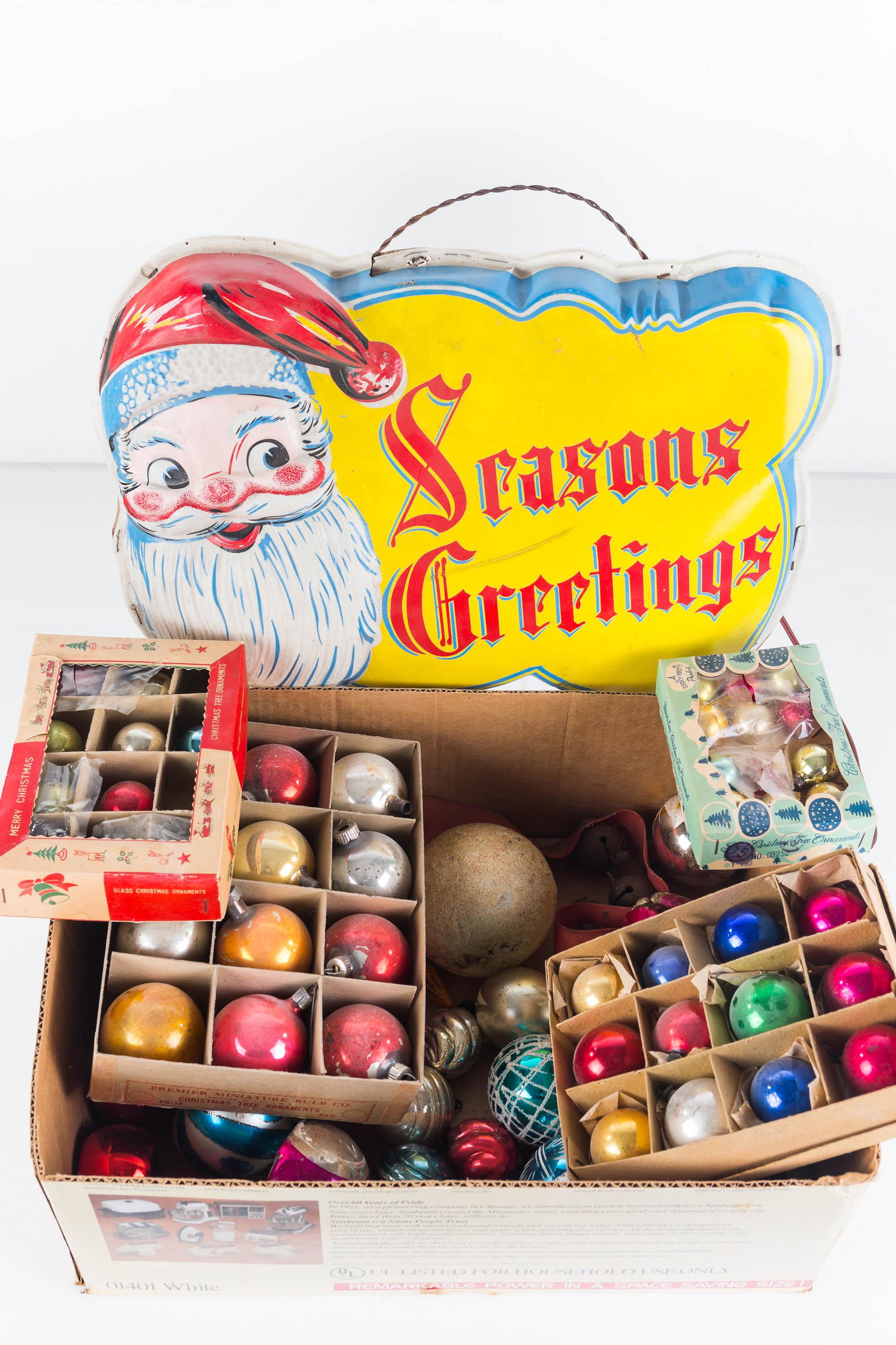 Vintage Christmas Grouping: Including Christmas display light up with Santa measuring approx. 15' across. Vintage Christmas balls some in box and a few figural items.