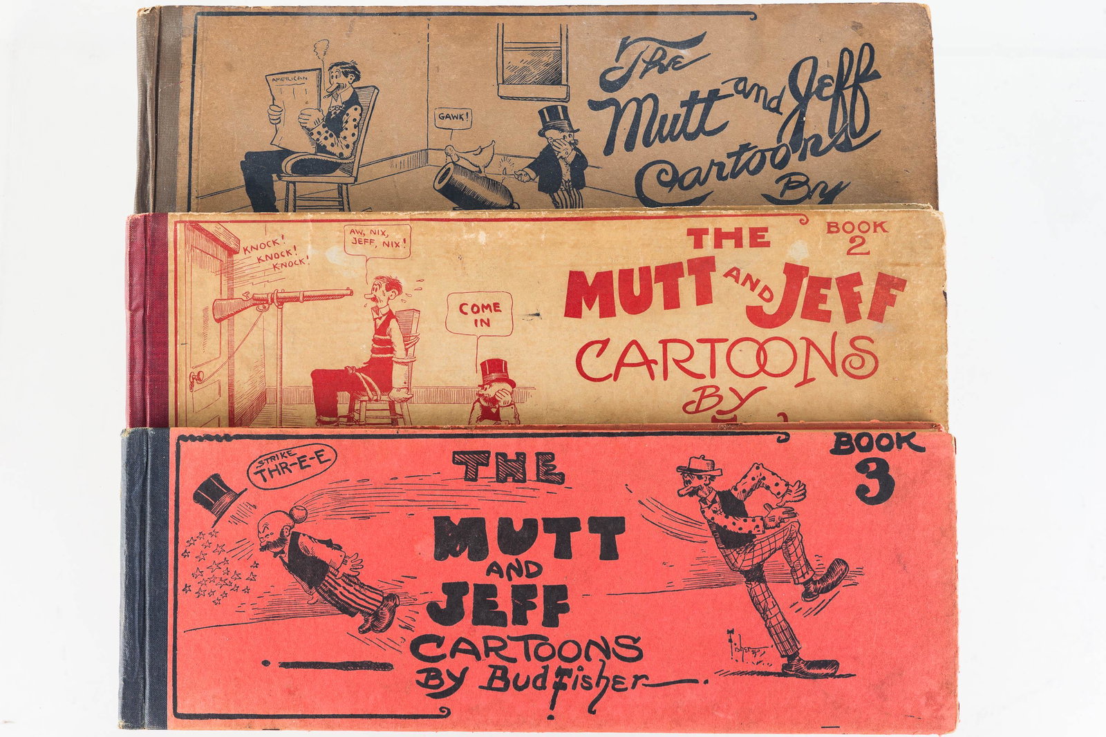 Mutt and Jeff Cartoon Books (ca. 1910): Lot includes three books including The Mutt and Jeff Cartoons (1910, appears to be complete, loose cover at spine, pages intact), Book No 2 (appears to be complete, overall good condition), Book No 3 