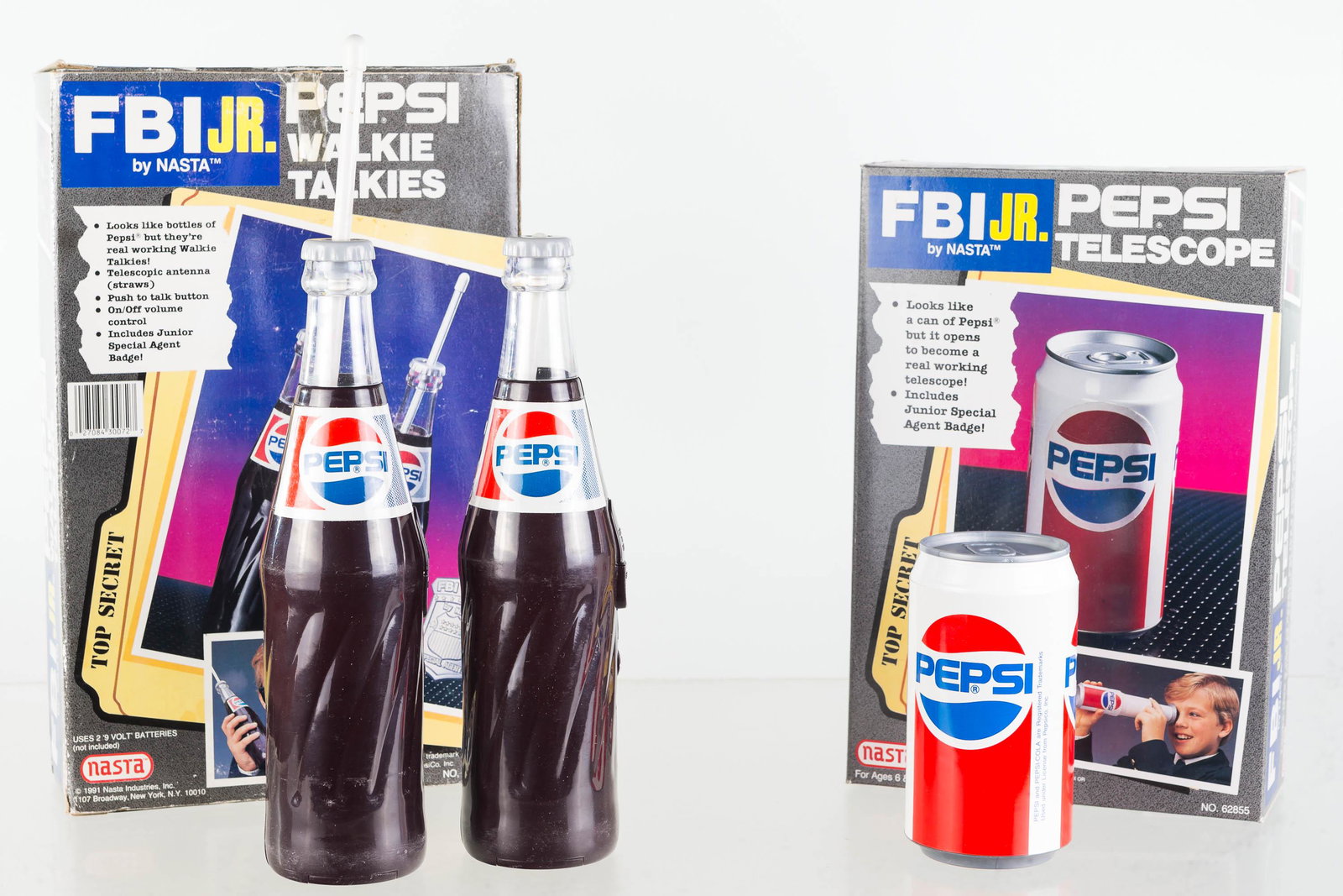 Pepsi FBI Junior Walkie-Talkies and Telescope: Lot includes a pair of walkie talkies in original (possibly unused) and telescope (also possibly unused)