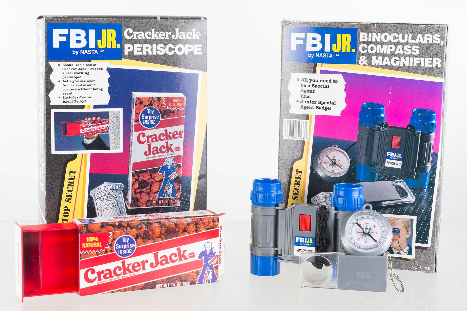 Cracker Jack FBI Junior Periscope and Binoculars: Lot includes a Cracker Jack periscope in original box (appears to be unused), and an FBI binocular, compass and magnifier set (also complete, appears to be unused). Produced by Nasta