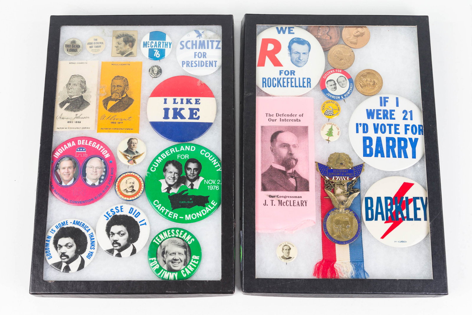 Vintage Presidential Pin Backs and Silks: Lot includes 1912 Republican Convention Assistant Sgt at Arms medal with ribbon, a large selection of pin backs of various ages, a JFK flicker, and three various presidential and congressional silks