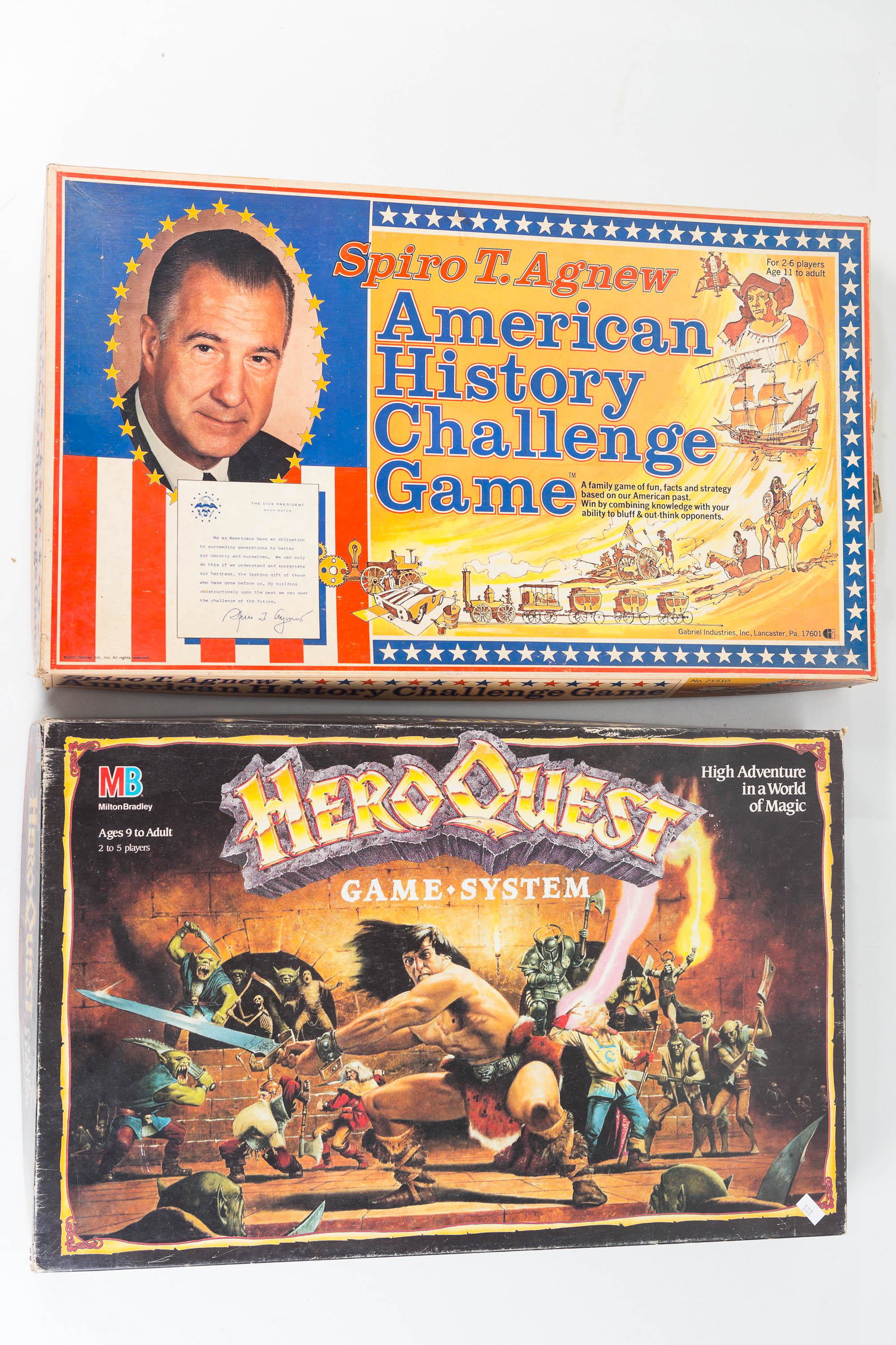Hero Quest and Spiro Agnew Game: Lot includes Hero Quest game system (possibly complete, dated 1990) and a Spiro T. Agnew American History Challenge Game (1971)