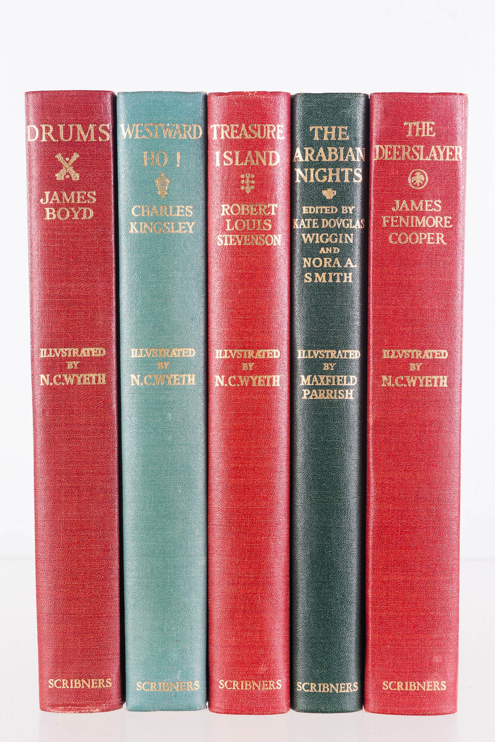 Books Illustrated by Maxfield Parrish & N.C. Wyeth: Lot includes 5 Schribner's hardback books, including The Arabian Nights (illustrated by Parrish, 1947), and 4 books illustrated by Wyeth, including The Deer Slayer, Treasure Island, Westward Ho!, and
