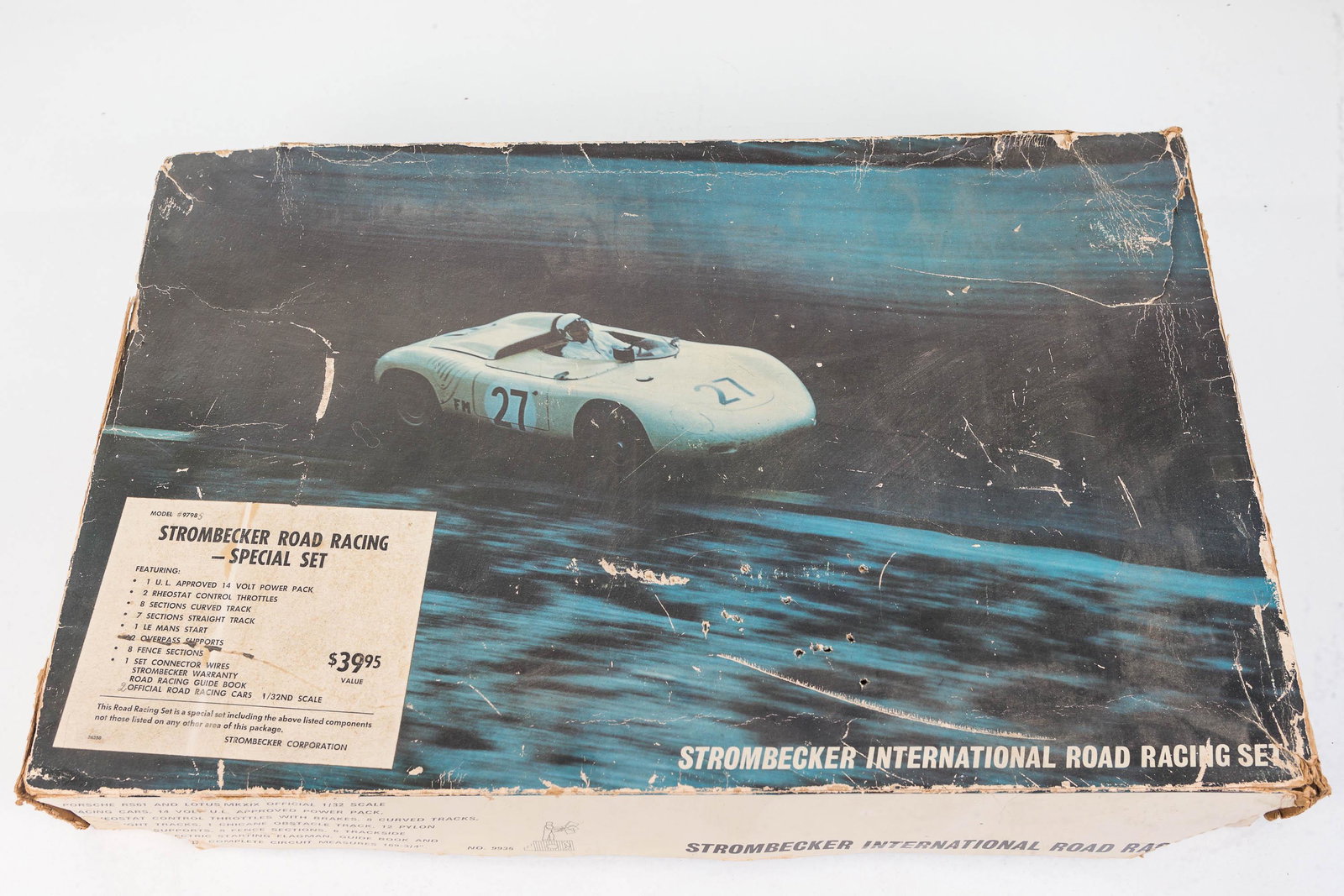 Strombecker Road Racing Set No 9798: Set includes one complete racer, and incomplete racer set, with various parts. In original box. Box shows wear.
