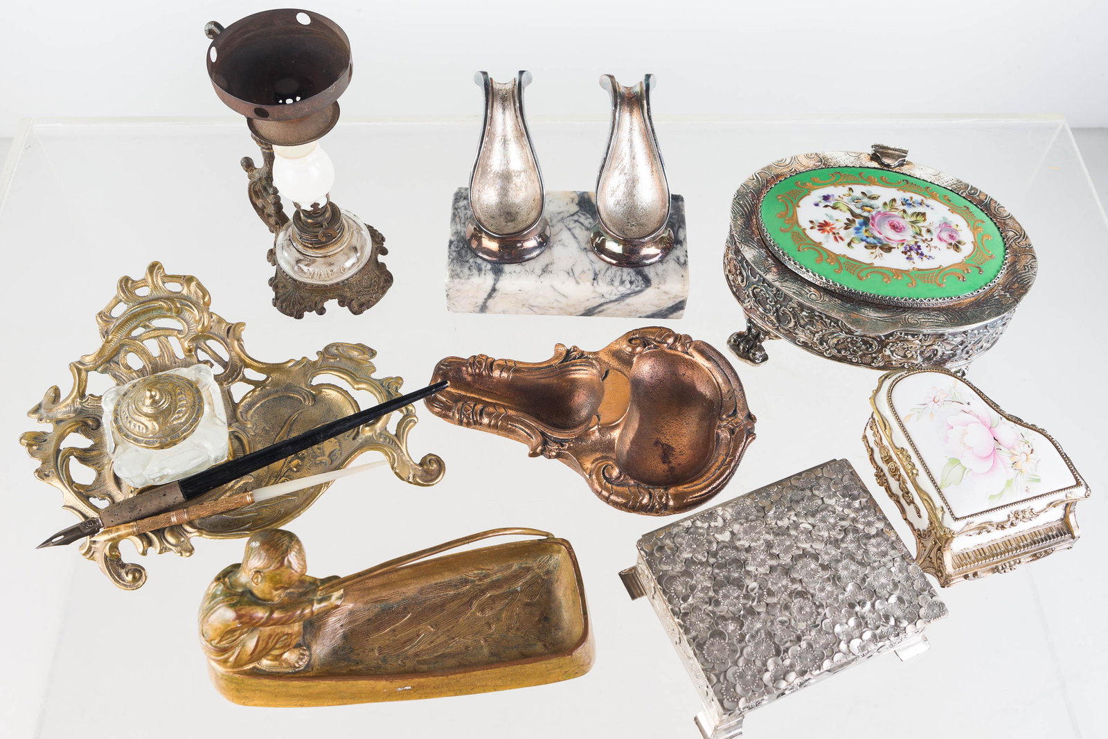 Jewelry Boxes, Inkwell, and Related Items: Lot includes jewelry boxes (one has porcelain body and is a music box), a brass inkwell, two vintage pens, various pipe holders, and a Vapo Cresolene lantern