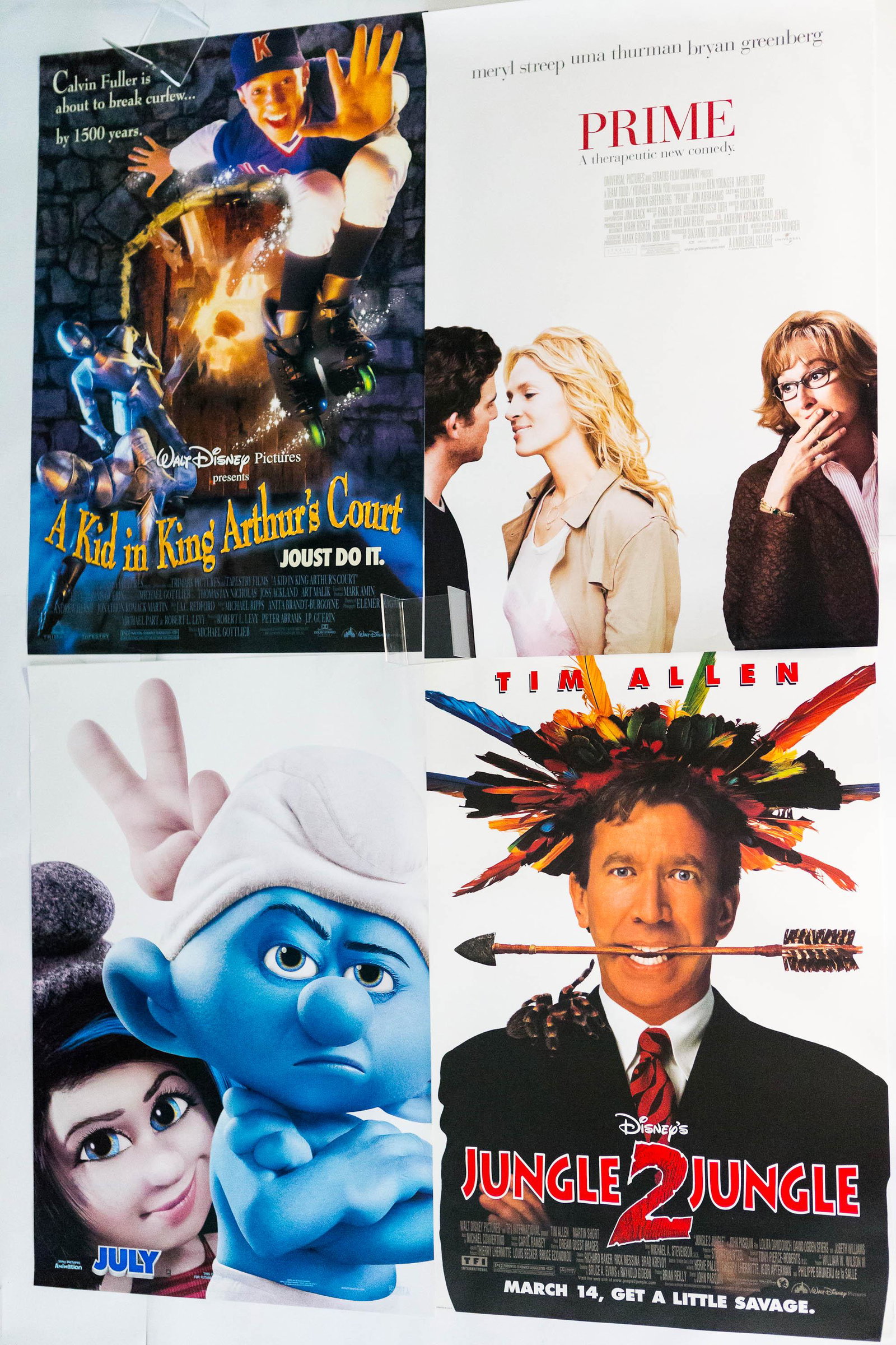 Movie Theater Posters (4) including Prime: Four standard theatrical size movie posters, each approx 27" x 40" including Prime c2005, A Kid in King Arthur's Court, Jungle 2 Jungle, and Smurfs 2 c2013. All are double sided with the reverse in re