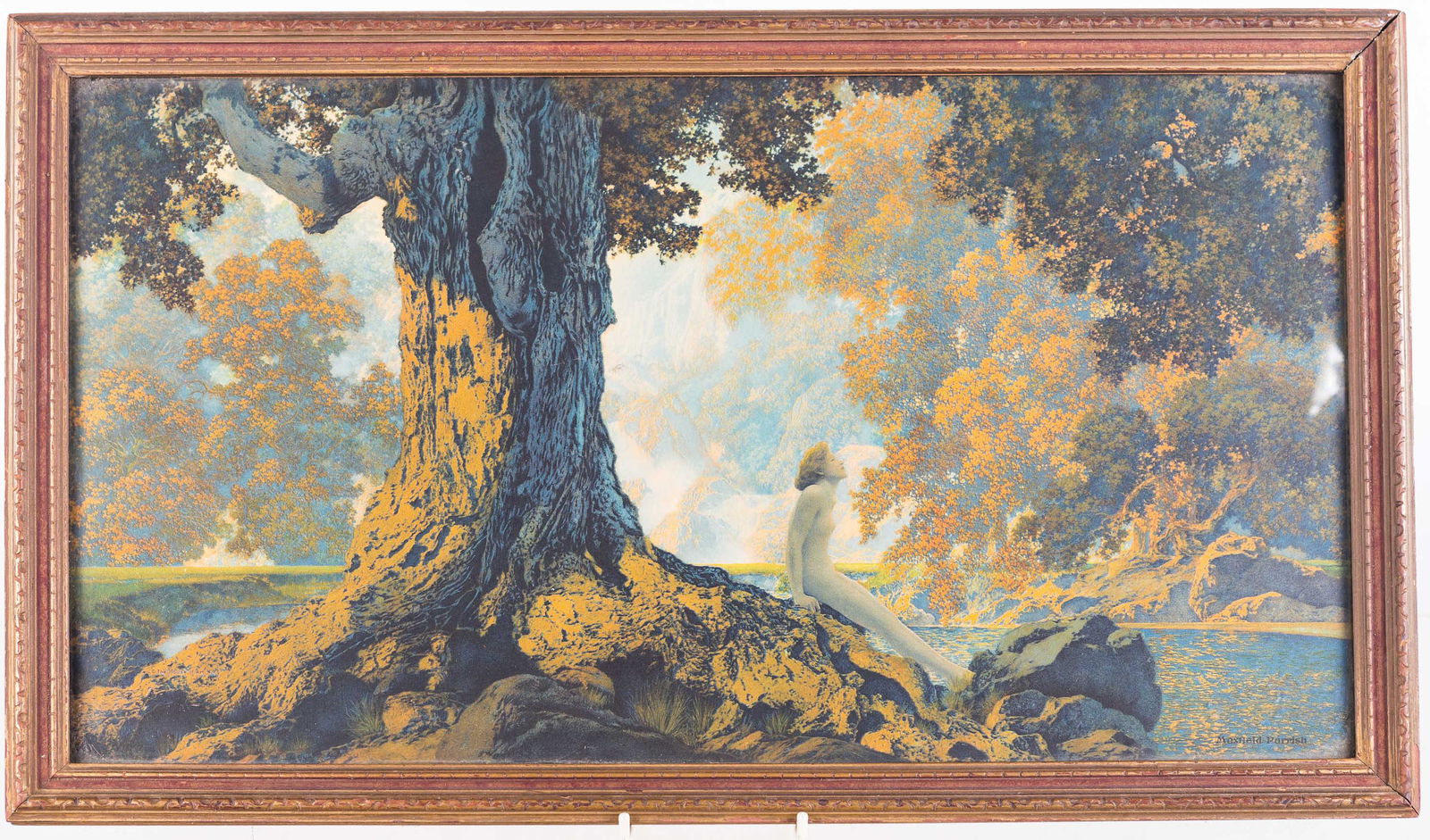 Vintage Maxfield Parrish Print with Label, Frame: Exposed area approximatey 9.5"H x 17.5"W. Good color. Marked Maxfield Parrish lower right. Back has original label from David Bendann's Fine Art room, Baltimore, MD. In original frame.