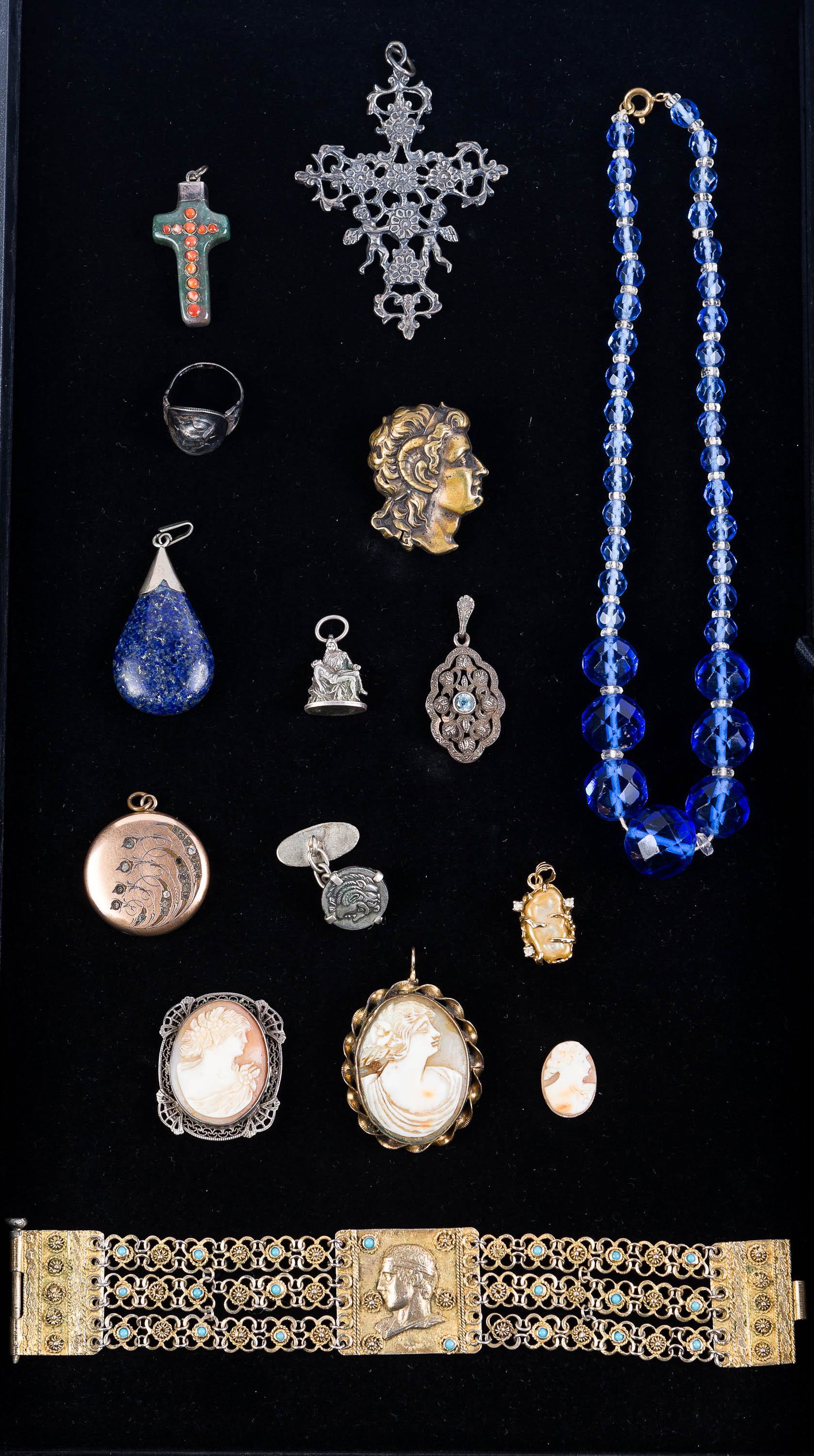 Victorian Estate Jewelry: Includes sterling .925 and turquoise Etruscan style bracelet, very early Roman profile button with fine detail. single sterling silver coin cufflink, mercury dime sterling 3D ring, an .800 Roma Pietra