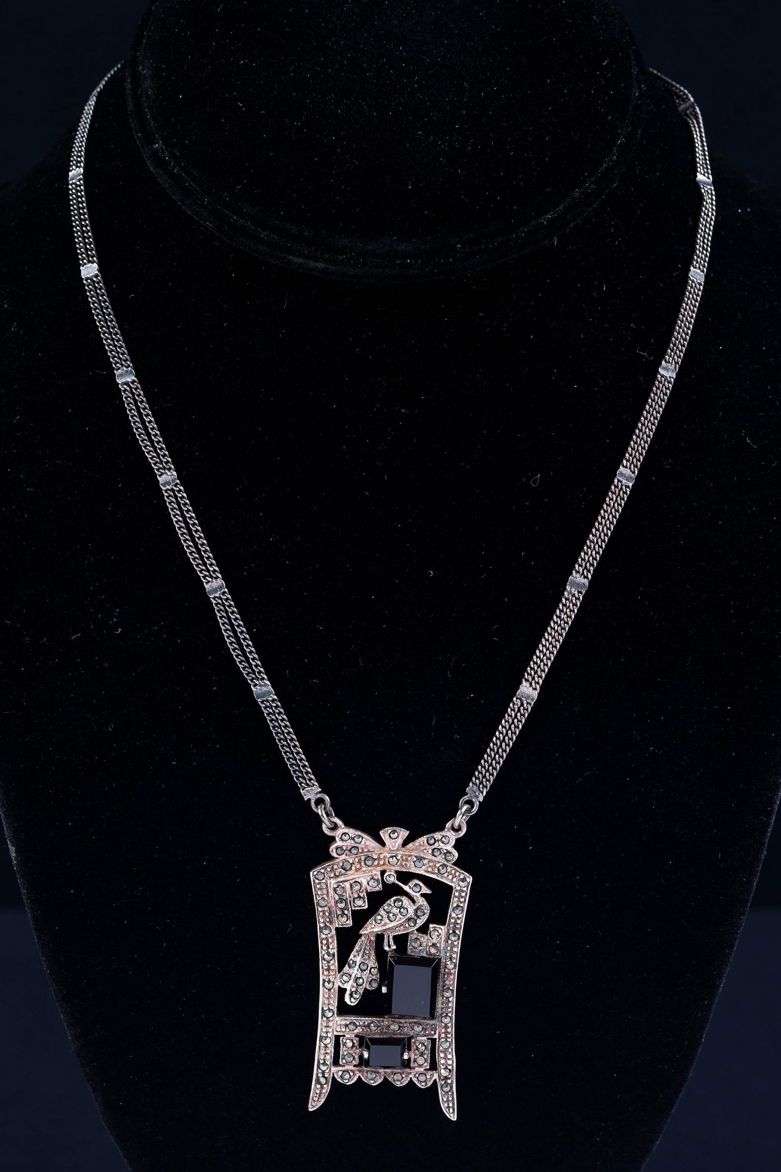 Estate Art Deco Sterling Necklace: Circa 1915 sterling silver and marcasite peacock necklace set with onyx.