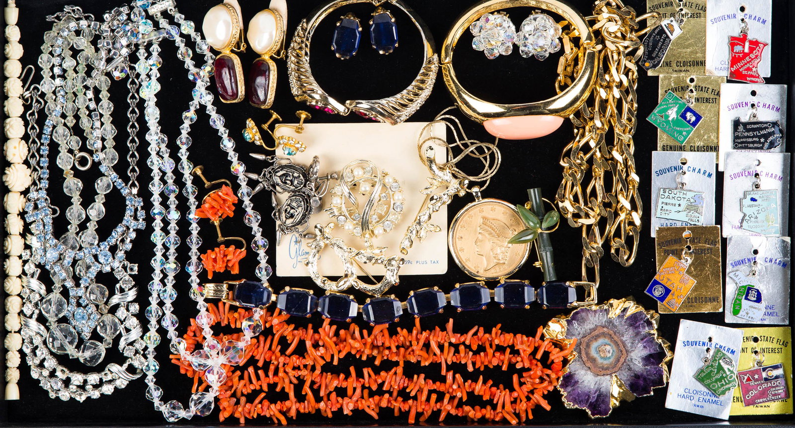 Estate Jewelry: Lot includes crystal, coral, bone style necklaces, clip earrings and brooches, several Cloisonne charms, bracelets and more.