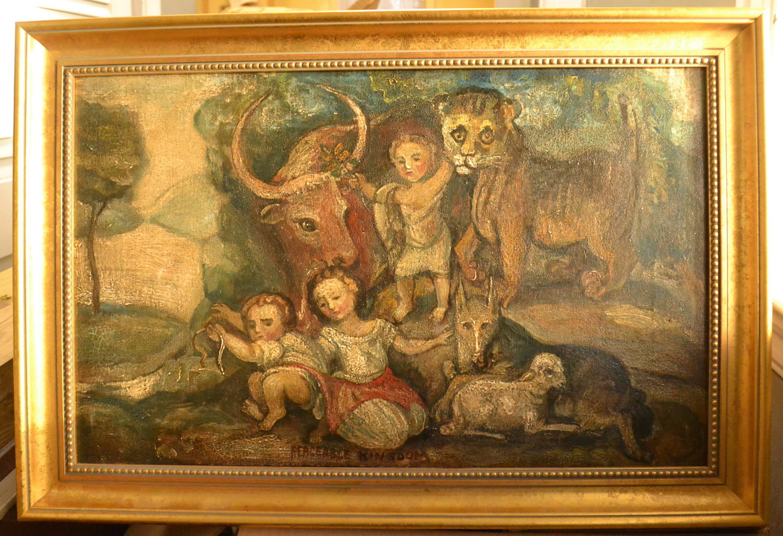Peaceable Kingdom Oil Painting: Circa late 18th C to first quarter 19th C. naive folk art style "Peaceable Kingdom" oil on canvas painting. Painted in style of Edward Hicks (1780-1849). American Quaker preacher who painted over 200