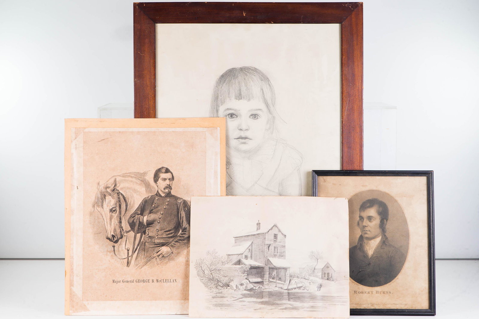 Pencil Drawing and Various Prints: Lot includes a large framed pencil drawing of a child (signed JP Luciany, 1958), a print of Robert Burn, lithograph of General McClellan, and a pencil drawing of a country farm house (unsigned).