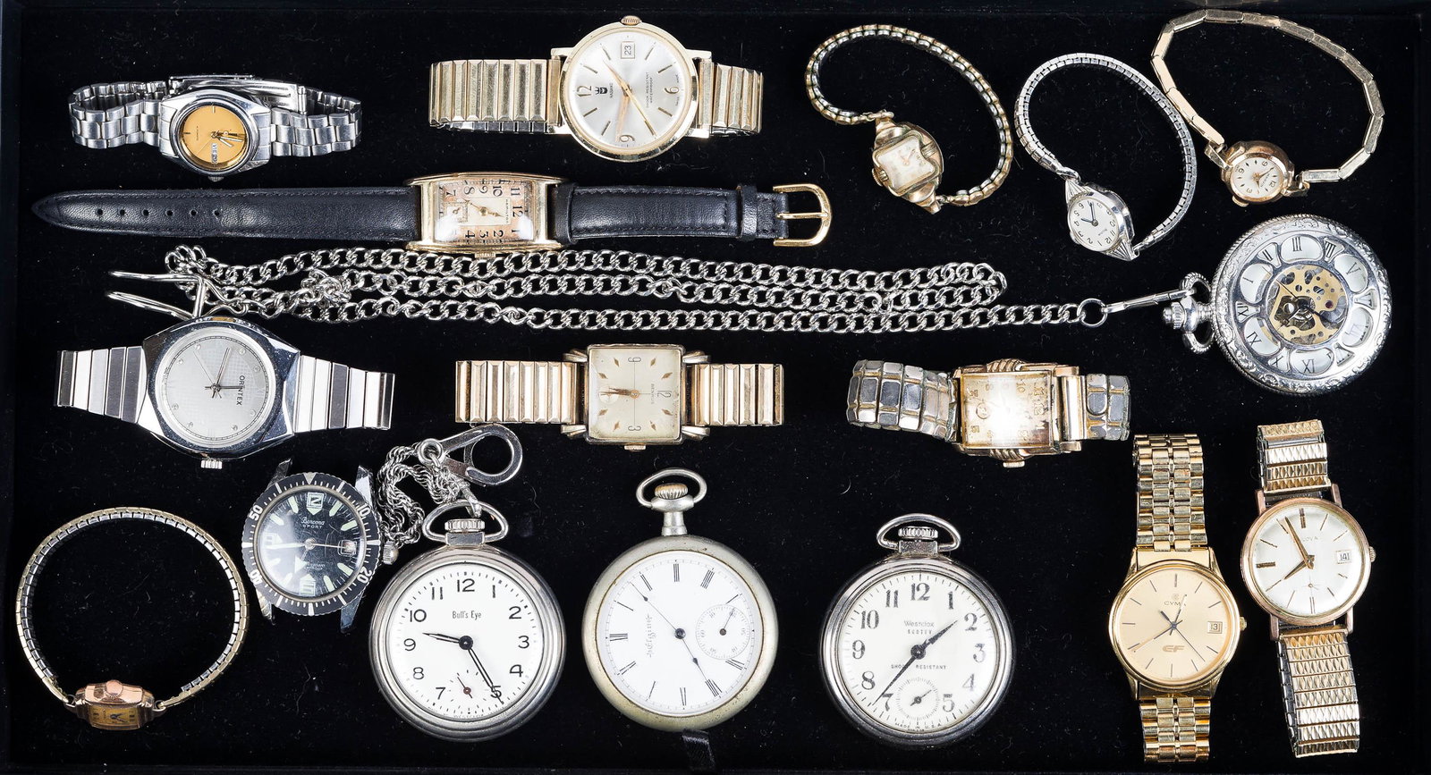 Wristwatches and Pocket Watches: Lot includes Bullseye, vintage Elgin, Westclox, a skeletal pocketwatch, Hamilton wristwatch, Orntex wristwatch, Haband with day, ladies Bulova, ladies Marvin, and others.
